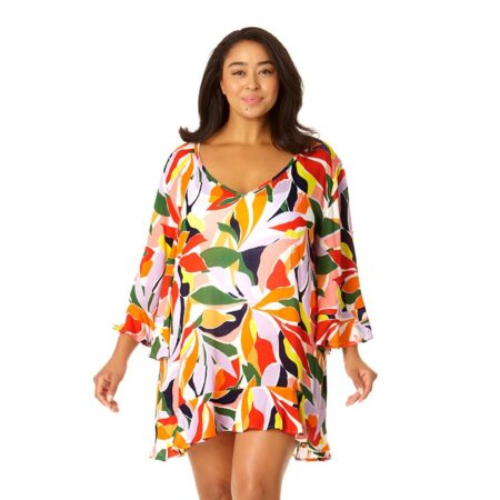 Palm Party Bell Sleeve Flouce V Neck Cover Up