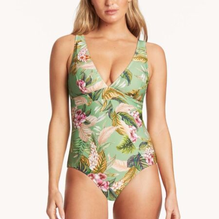 Sea Level Lost Paradise Panel One Piece Green Front View