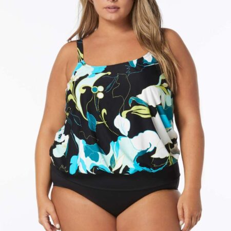 Beach House Woman Avalon Floral Tie Side Sarah Tankini Top Black Front View